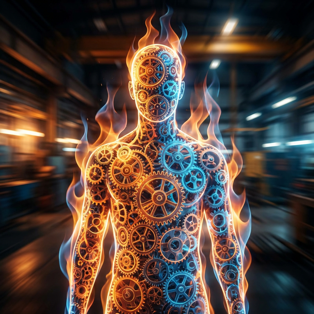 A humanoid figure made of interlocking gears engulfed in blue and orange flames.
