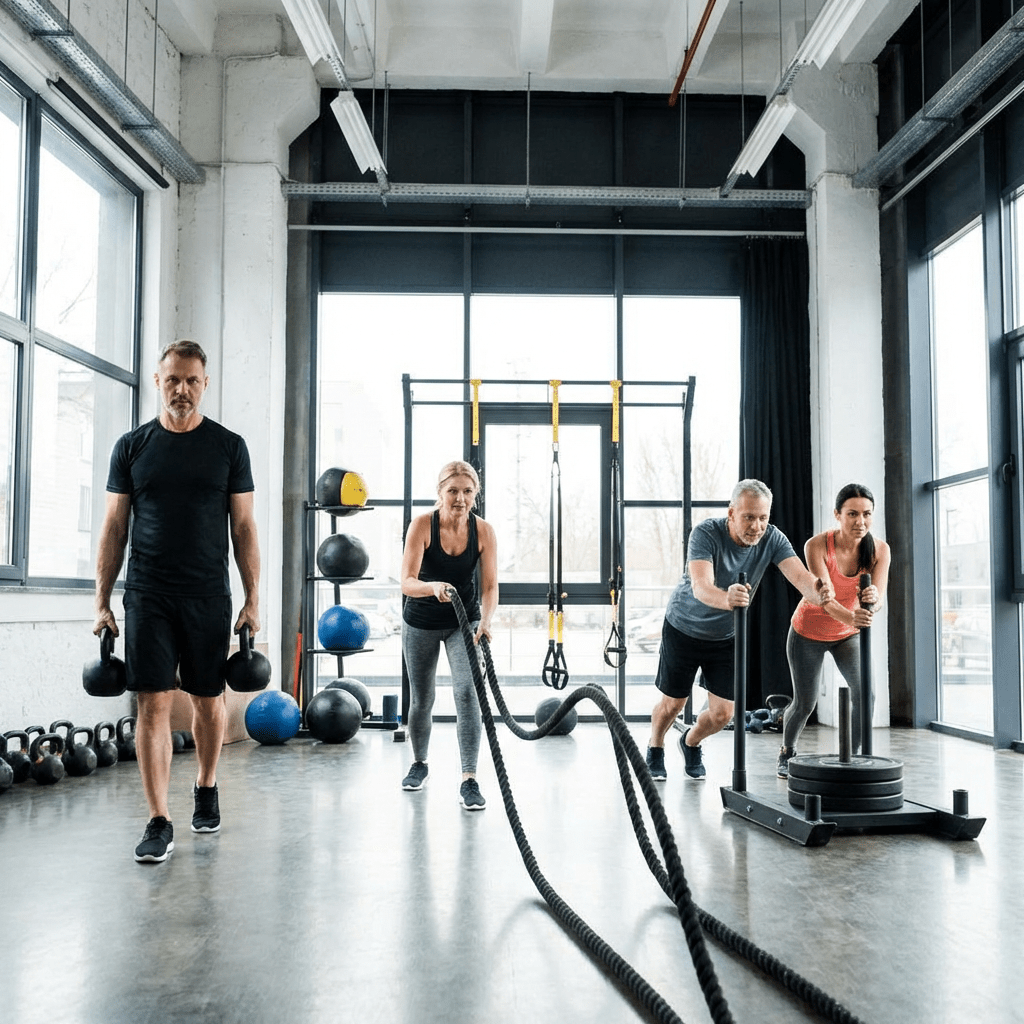 People training with kettlebells, battle ropes, and a weighted sled in a bright gym.